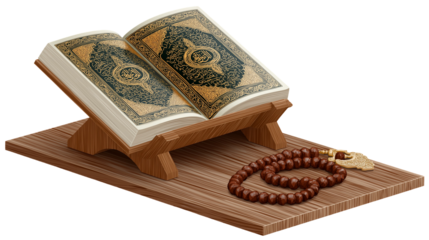 Quran with prayer beads isolated on transparent background