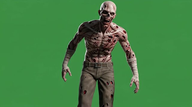 Aggressive Decaying Zombie Monster Screaming and Roaring in Front of a Green Screen