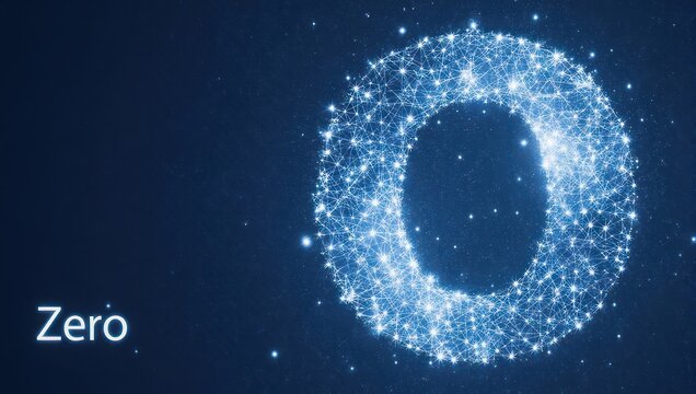 Stunning digital zero represented by glowing interconnected nodes against a dark starry cosmos, symbolizing new beginnings and infinite possibilities