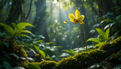 Orchid in Rainforest: A vibrant yellow orchid blossoms in a sun-dappled rainforest, with the lush greenery creating a sense of serenity and natural beauty.