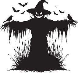 Fototapeta premium Menacing Scarecrow Silhouette - Spooky Halloween Design with Bats