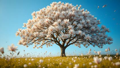 Blooming Magnolia Tree: A magnificent magnolia tree, adorned with a profusion of delicate white blossoms, stands proudly in a sun-kissed field. A sky is clear and blue create a tranquil beauty.
