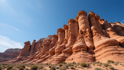 Striking Rock Formations Under Clear Sky: A mesmerizing display of towering rock formations against a vast, azure sky, showcasing the beauty of nature's artistry.
