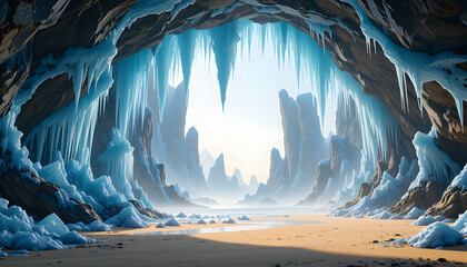 Frozen Sanctuary: An enchanting interior of an ice cave, where majestic formations of ice create a surreal, captivating landscape.