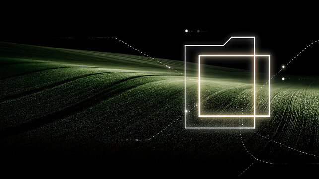 Neon-outlined folder icon floating over a dark, textured landscape with glowing lines and abstract patterns