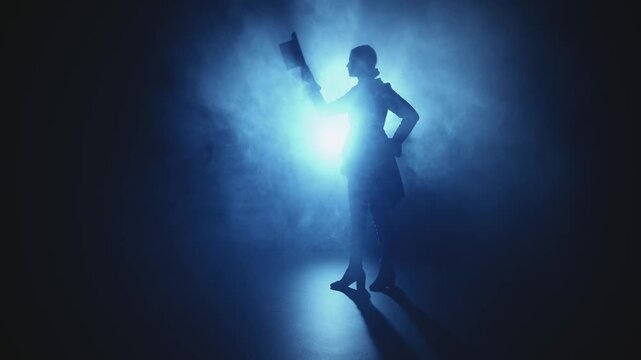 silhouette gesture greeting, makes curtsy bow takes off top hat and puts it on head. fog dark city street night. person dressed in tailcoat, frock coat suit, black classic bowler hat 1800s old style