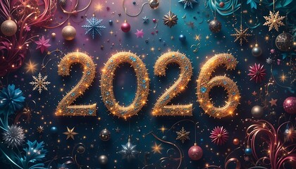 Festive 2026 Celebration Scene With Glittering Numerals In Snowy Forest Under Starry Night