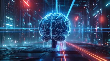 Artificial intelligence brain simulation in futuristic digital cityscape environment - Powered by Adobe
