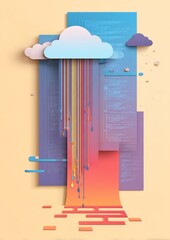 Secure Data Flow Concept in Pastel Colors with Digital Elements and Cloud Design