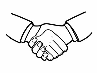 Fototapeta premium Simple black line art illustration of a handshake between two hands. The design shows two outlined hands clasped together, symbolizing agreement, partnership, trust, cooperation, and business deals. 