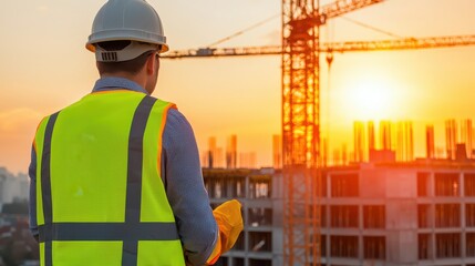 A construction worker in a safety vest observes a building site at sunset, highlighting the blend of industry and nature.