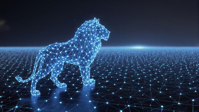 Stunning digital lion sculpture glowing with vibrant blue network lines symbolizing powerful innovation and futuristic technology