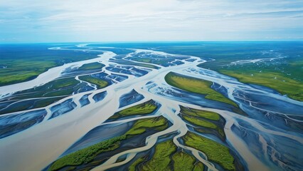 Stunning aerial view of a vast braided river delta carving through lush green plains under a clear blue sky