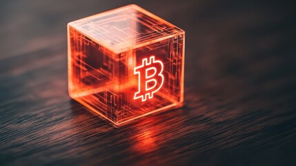 A glowing red cube with the Bitcoin symbol, set on a dark wooden surface, representing cryptocurrency and technology.