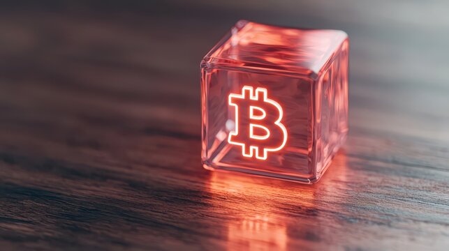 A glowing Bitcoin symbol inside a transparent cube on a wooden surface, representing cryptocurrency and digital finance.