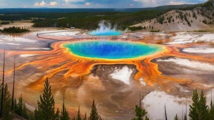Vibrant Grand Prismatic Spring showcases stunning geothermal colors and steam, a breathtaking natural wonder for travel inspiration