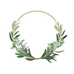 Green olive wreath on a white background. Top view. Vector illustration, hand drawn.