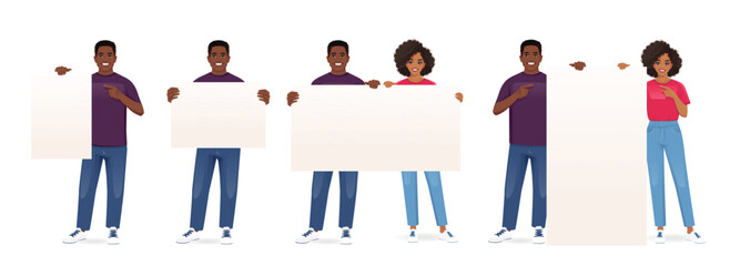 African American handsome man and beautiful woman with afro hairstyle holding pointing to the empty blank board together. Isolated vector illustration set
