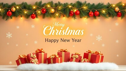 Merry Christmas And Happy New Year Greeting On Frosted Christmas Tree With Red Ornaments