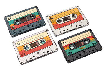 Obraz premium Retro Cassette Tape Stickers PNG – 90s Nostalgia Music Icons on Transparent Background