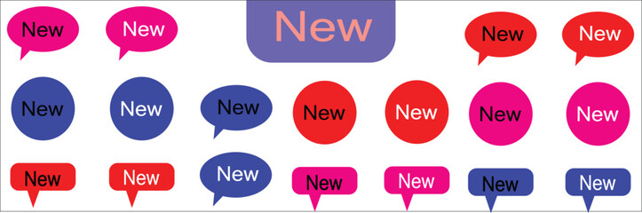 A collection of vibrant speech bubbles and tags in various shapes and colors with the word 