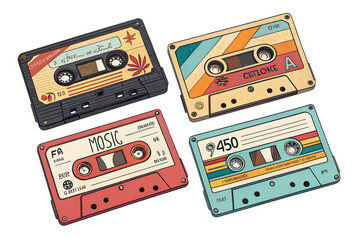Obraz premium Retro Cassette Tape Stickers PNG – 90s Nostalgia Music Icons on Transparent Background