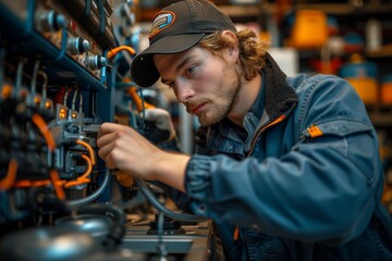 Young technician works on electrical equipment in a workshop focusing on repairs and maintenance for industrial systems