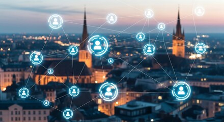 Twilight Cityscape with Digital Network Overlay Representing Urban Connectivity