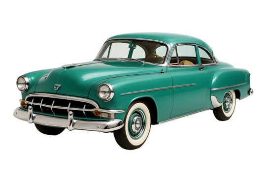 Vintage teal 1950s coupe car with chrome accents on a black background automobile classic isolated on a transparent background