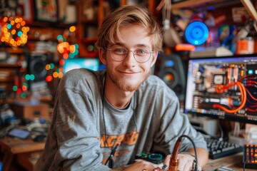 Obraz premium Young man smiling in a cozy, cluttered workspace filled with electronics, warm lights, and computer screens