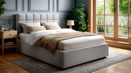 Obraz premium Sophisticated bedroom showcases a grey fabric bed and luxurious balcony doors, illuminating the space with airy natural light