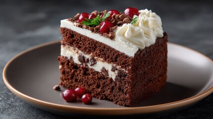 Indulge in a rich chocolate layer cake featuring whipped cream and cherries, beautifully showcased against a dark backdrop