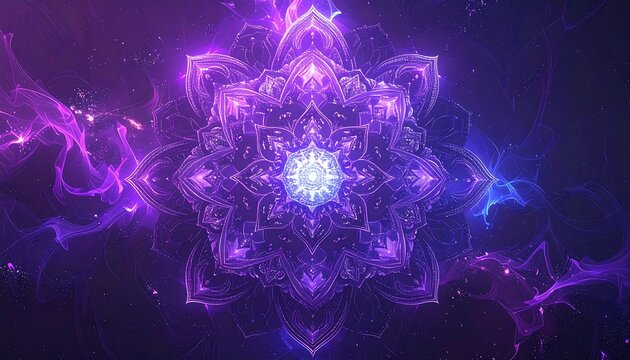 Abstract Purple Mandala Design with Glowing Effects.