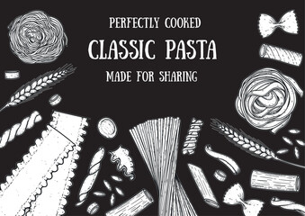 Obraz premium Traditional Italian pasta sketch. Italian food. Staple food. Hand drawn vector illustration. Background for packaging, menu. Top view. Not AI