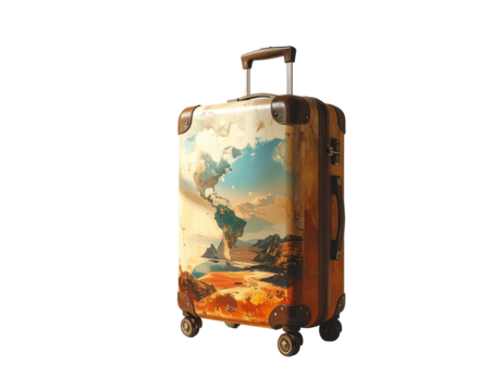 A vintage-style suitcase with a faded, artistic print of a world map and desert landscape, showcasing a distressed, aged appearance.