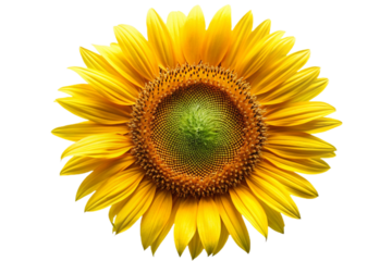 Bright yellow sunflower head isolated against black with intricate petals and seed center isolated on transparent background