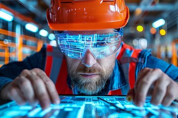 Engineer analyzes digital data using augmented reality glasses in a modern industrial environment
