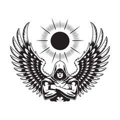 Vintage heraldic design of a gothic skull with an eagle's wings for a royal rock and roll tattoo illustration