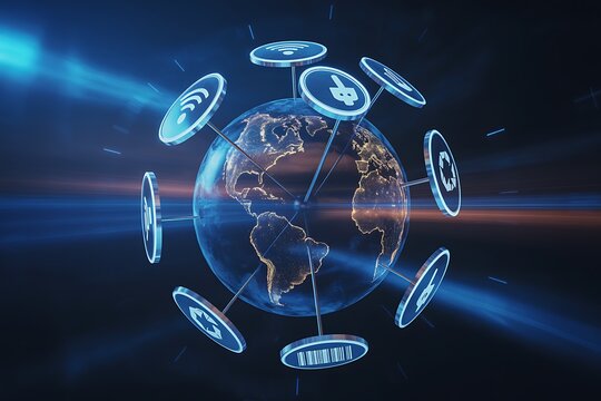 Global network connectivity concept featuring planet Earth surrounded by digital icons representing modern technology and worldwide access