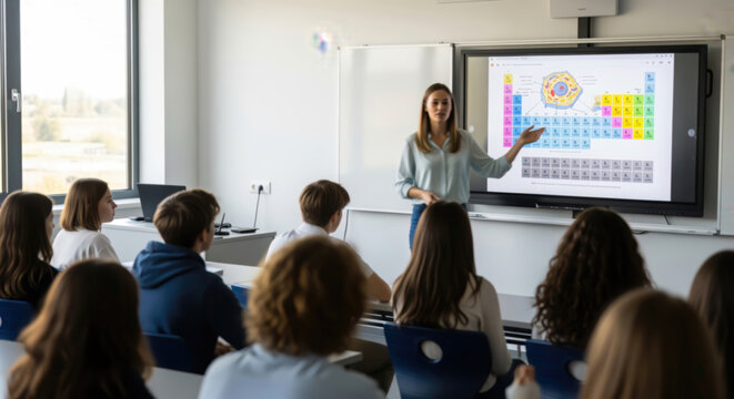 Young Female Teacher Explaining a Complex Science Lesson on an I