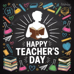 Happy Teacher&rsquo;s Day Illustration with Chalkboard and Student Reading Book