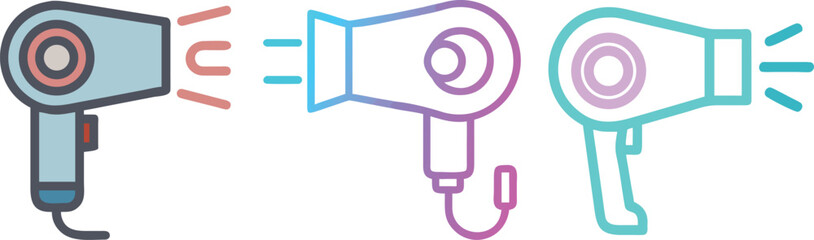 Stylized Icon Set of  Hair Dryers Emitting Heat Signals