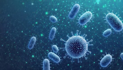 Stunning microscopic view of diverse bacteria and viruses interconnected in a digital network, perfect for science and health communication.