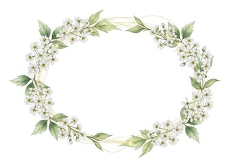 Naklejka premium Delicate watercolor wreath of white blossoms and green leaves for spring and summer designs