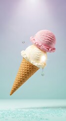Fototapeta premium Two scoops of ice cream in a cone with water drops