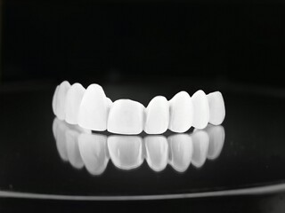 A row of white ceramic dental teeths on a reflective surface, creating a mirror image below.