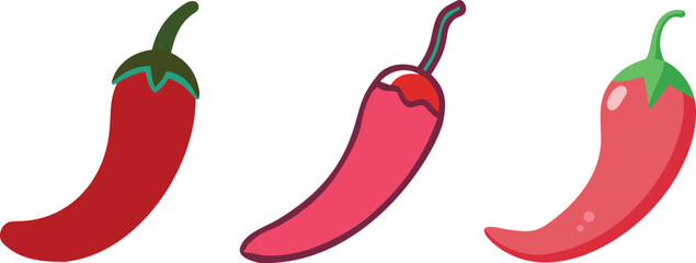  Stylized Red Chili Peppers in a Row on White Background