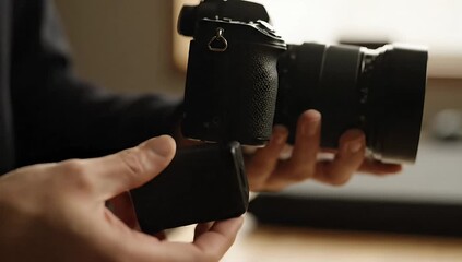Cinematic Close-Up of a Photographer's Hands Skillfully Adjusting a Professional Camera Lens