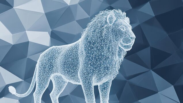Striking wireframe lion projection against a geometric abstract background, symbolizing power, innovation, and digital transformation