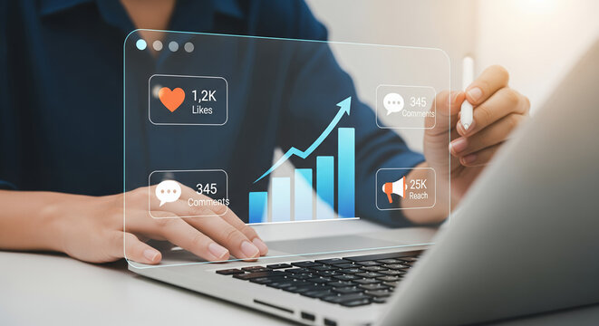 A person working on a laptop, with a social media analytics overlay on the screen. The overlay displays a rising graph indicating growth, with icons for likes, comments, and shares.